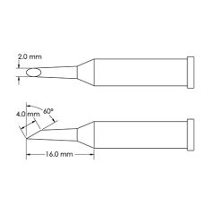 Metcal GT6-HF6020S 60&deg; Beveled Hoof Soldering Tip, 2.0 x 16mm Drawing